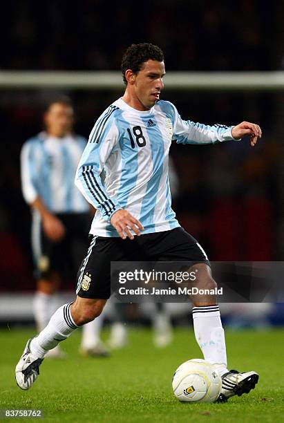 Maximiliano Rodriguez of Argentina runs with the ball during the International Friendly match between Scotland and Argentina at Hampden Park on...