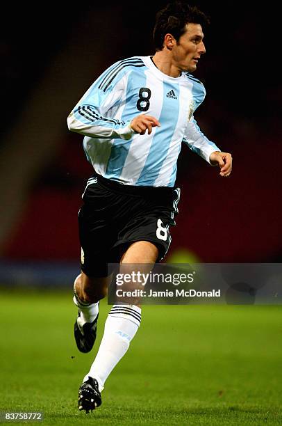 Javier Zanetti of Argentina runs with the ball during the International Friendly match between Scotland and Argentina at Hampden Park on November 19,...