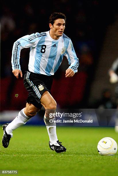 Javier Zanetti of Argentina runs with the ball during the International Friendly match between Scotland and Argentina at Hampden Park on November 19,...