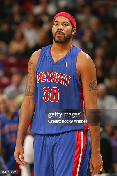 Rasheed Wallace of the Detroit Pistons stands on the court during the game against the Sacramento Kings on November 11, 2008 at ARCO Arena in...