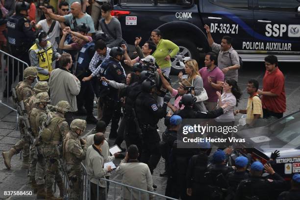 Cast and crew work during the filming of 'Godzilla: King of the Monsters' at Santo Domingo Square on August 22, 2017 in Mexico City, Mexico.