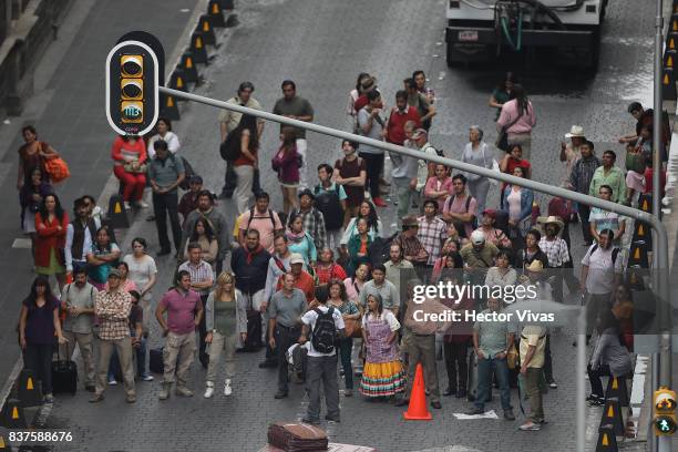 Cast and crew work during the filming of 'Godzilla: King of the Monsters' at Santo Domingo Square on August 22, 2017 in Mexico City, Mexico.