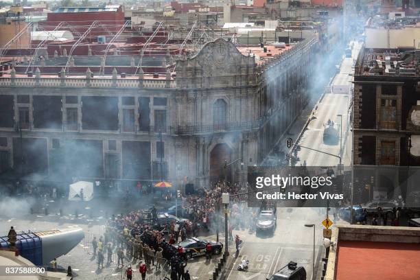 General view of the Santo Domingo Square during the filming of 'Godzilla: King of the Monsters' at Santo Domingo Square on August 22, 2017 in Mexico...