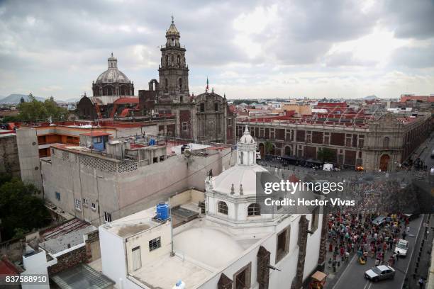 General view of the Santo Domingo Square during the filming of 'Godzilla: King of the Monsters' at Santo Domingo Square on August 22, 2017 in Mexico...