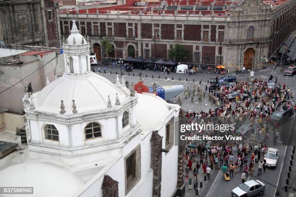 General view of the set during the filming of 'Godzilla: King of the Monsters' at Santo Domingo Square on August 22, 2017 in Mexico City, Mexico.