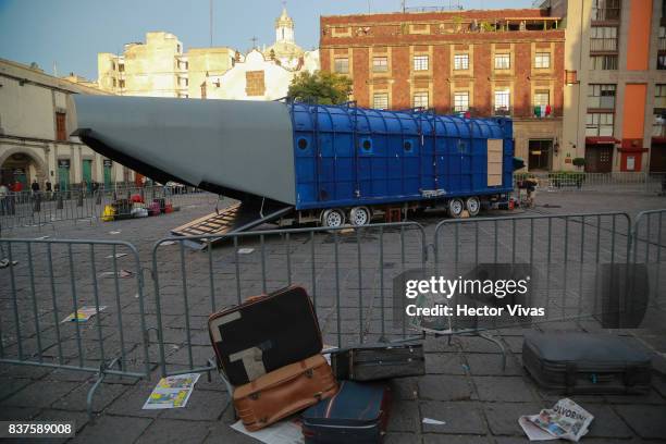 View of the set during the filming of 'Godzilla: King of the Monsters' at Santo Domingo Square on August 22, 2017 in Mexico City, Mexico.