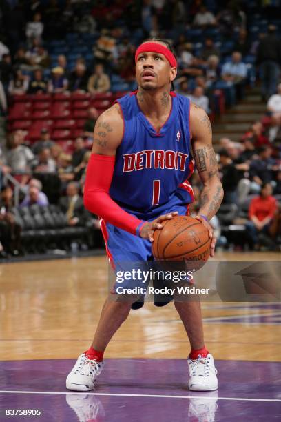 Allen Iverson of the Detroit Pistons shoots a free throw during the game against the Sacramento Kings on November 11, 2008 at ARCO Arena in...
