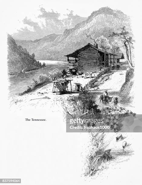 lookout mountain and the tennessee river, tennessee, united states, american victorian engraving, 1872 - tennessee farm stock illustrations