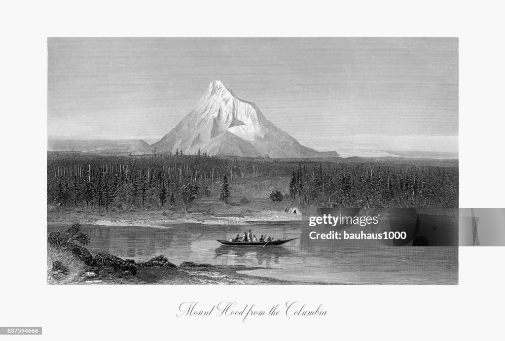 Mount Hood from the Columbia River, Oregon, United States, American Victorian Engraving, 1872