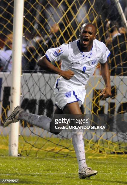 Hondura's David Suazo celebrates after scoring against Mexico during their FIFA World Cup South Africa 2010 qualifying football match in San Pedro...