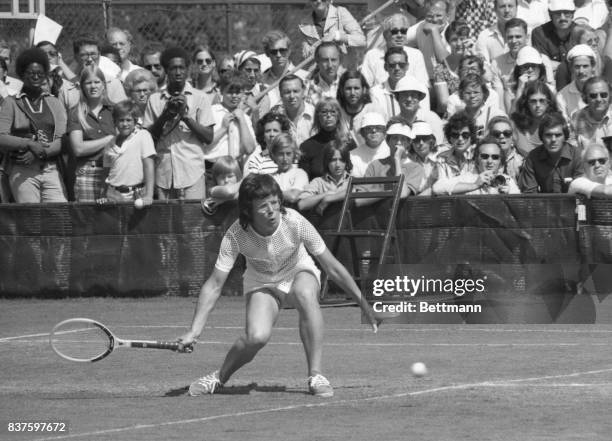 With ace-like precision, Billie Jean King moves into her attack against Esme Emanuel, of South Africa, during fifth day of competition in U.S. Open...