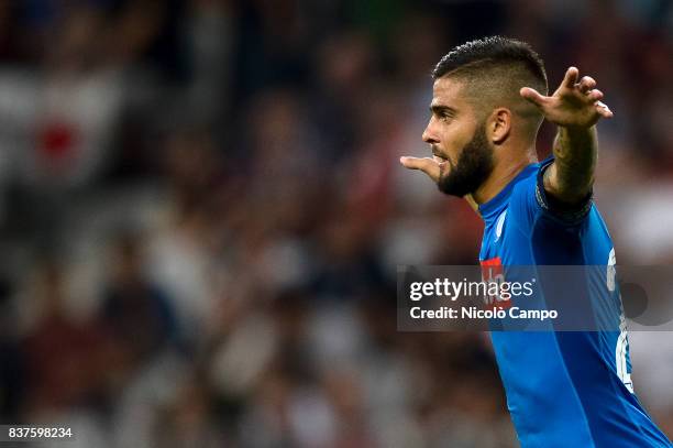 Lorenzo Insigne of SSC Napoli celebrates after scoring a goal during the UEFA Champions League Qualifying Play-Offs Round Second Leg match between...