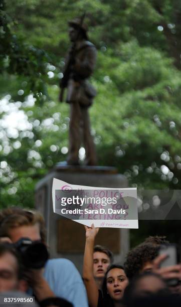 Demonstrators rally for the removal of a Confederate statue coined Silent Sam on the campus of the University of Chapel Hill on August 22, 2017 in...