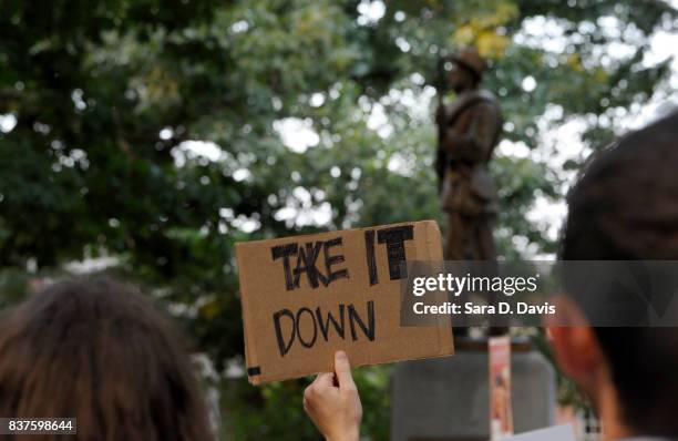 Demonstrators rally for the removal of a Confederate statue coined Silent Sam on the campus of the University of Chapel Hill on August 22, 2017 in...