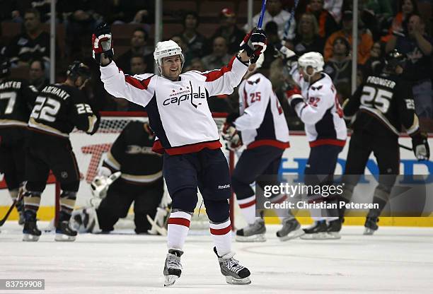 Mike Green of the Washington Capitals celebrates after scoring a first-period power-play goal against the Anaheim Ducks during the NHL game at Honda...