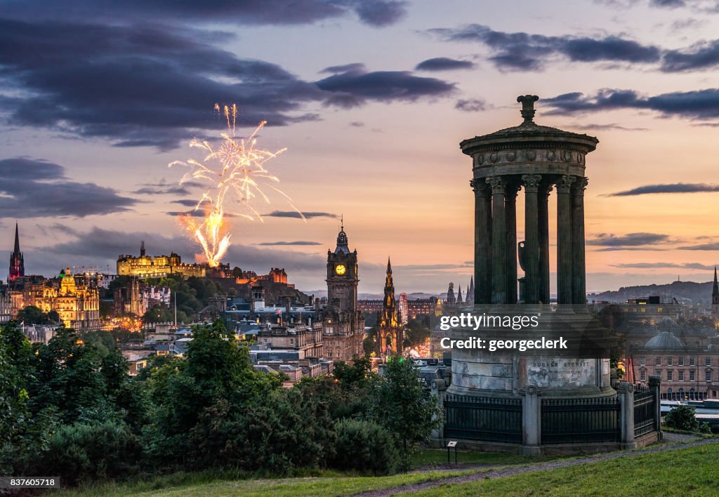 Edinburgh fireworks at dusk from Calton Hill