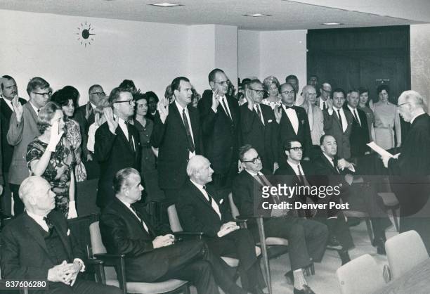 Visitors, seated in front, are, from left, Sigurd Larmon, Milton Rector, Judge Irving Cooper, Sol Rubin, Jeff Glen, Judge Alfred Murrah. Credit:...
