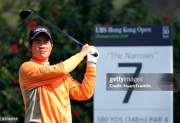 Wen - Chong Liang of Chine plays his tee shot on the seventh hole during the first round of the UBS Hong Kong Open at the Hong Kong Golf Club on...