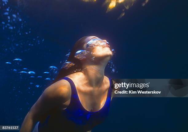 woman swims towards sunset sunlight_bubbles face - westerskov stock pictures, royalty-free photos & images