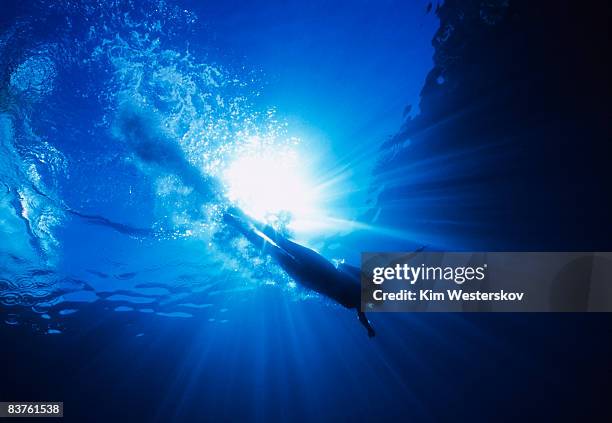 woman diving into clear blue sea_under sunburst - westerskov stock pictures, royalty-free photos & images