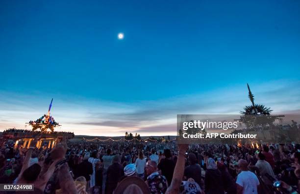 The sun's corona only is visible during a total solar eclipse between the Solar Temples at Big Summit Prairie ranch in Oregon's Ochoco National...