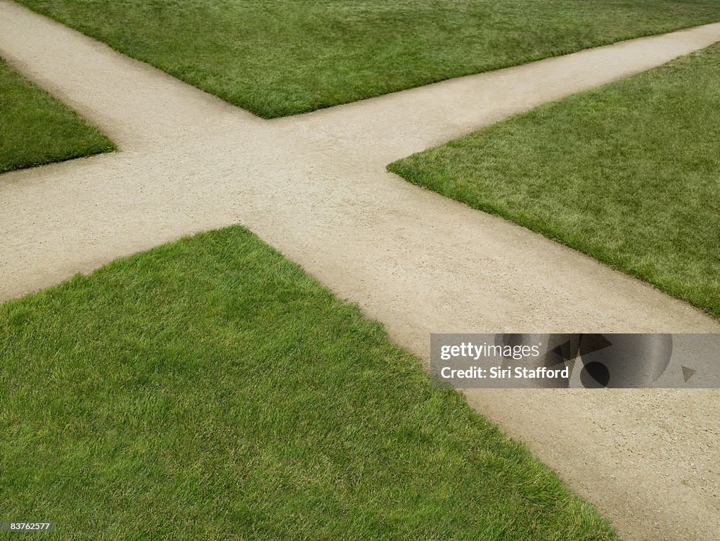 Dirt crossroad surrounded by grass