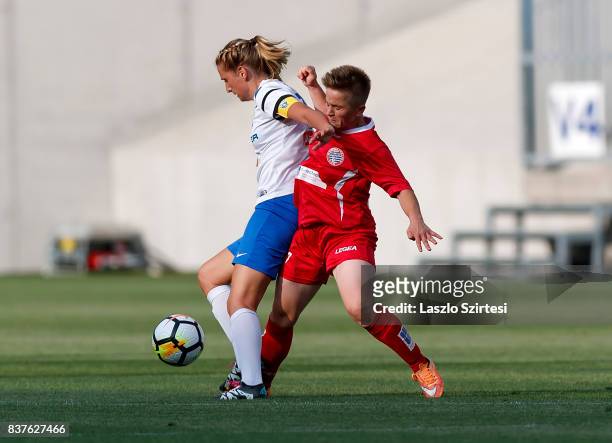 Anita Pinczi of MTK Hungaria FC competes for the ball with Qendresa Bajra of WFC Hajvalia during the UEFA Women's Champions League Qualifying match...