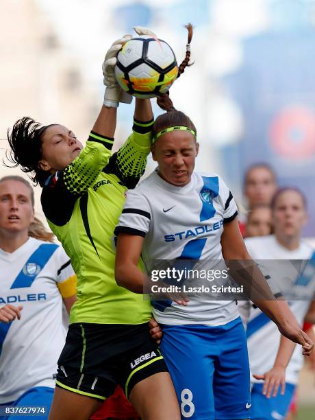 Audrey Baldwin of WFC Hajvalia wins the ball in the air from Barbara Toth of MTK Hungaria FC during the UEFA Women's Champions League Qualifying...