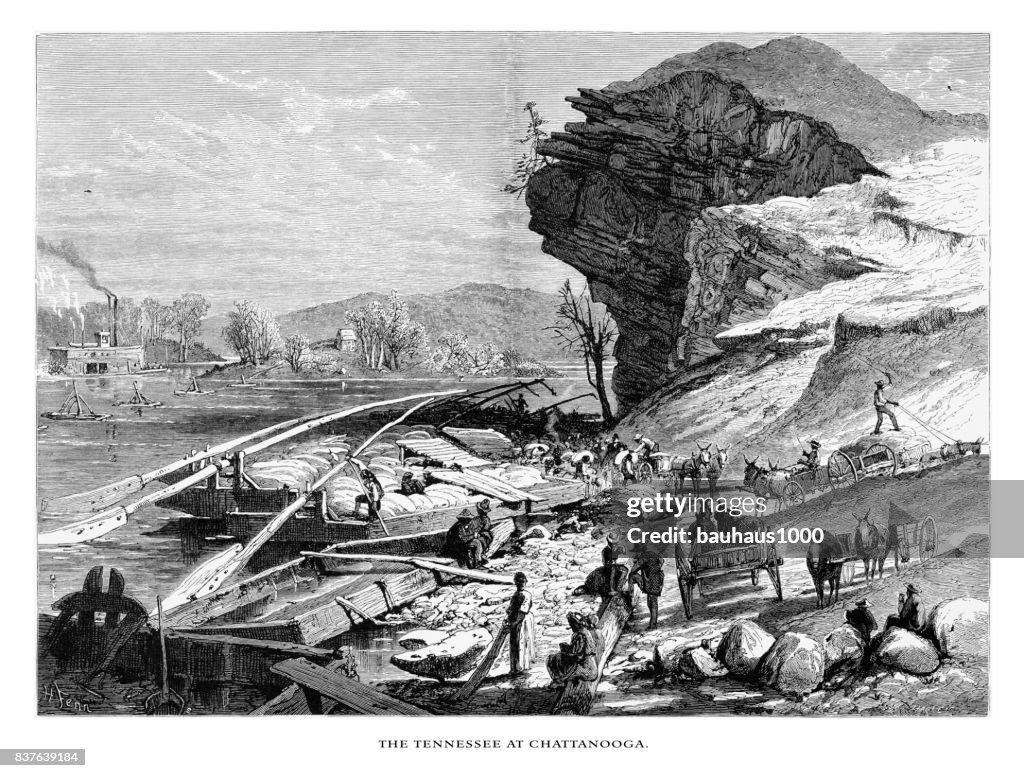 Tennessee River at Chatanooga, Tennessee, United States, American Victorian Engraving, 1872