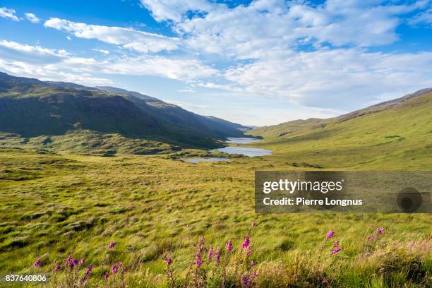 three paternoster lakes connected by streams : loch an eilein, loch ellen and loch àirde glais on the isle of mull, inner hebrides scotland. - scotland imagens e fotografias de stock