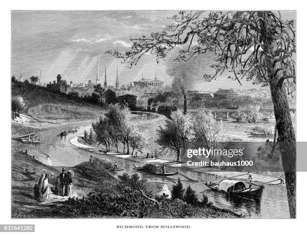 stockillustraties, clipart, cartoons en iconen met richmond, virginia, uit hollywood, verenigde staten, amerikaanse victoriaanse gravure, 1872 - vintage hollywood