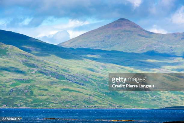 ben more mountain over loch scridain, isle of mull, inner hebrides, scotland - sea loch stock pictures, royalty-free photos & images
