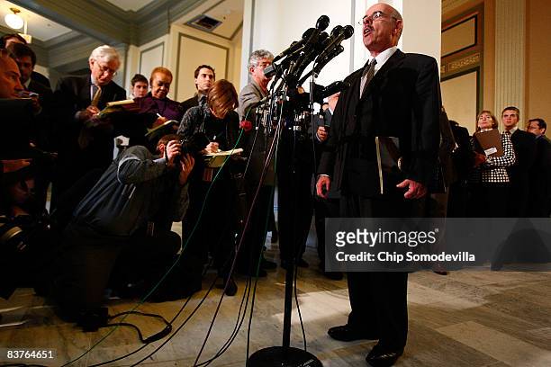 House Oversight and Government Reform Committee Chairman Henry Waxman talks to the members of the news media after the House Democratic Caucus...