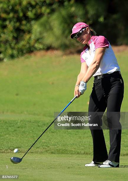 Annika Sorenstam of Sweden hits her tee shot on the third hole during the first round of the ADT Championship at the Trump International Golf Club on...