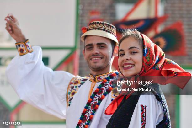 Members of the Romanian folk group 'Doruri Satmarene' perform songs and dances from Transylvania and Oas, Maramures and Somes areas during 'Romania...