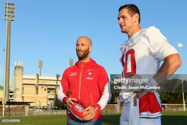 Jarrad McVeigh of the Sydney Swans and Kaeller Chryst of Stanford University look on during a US College Football Media Opportunity at Tramway Oval...