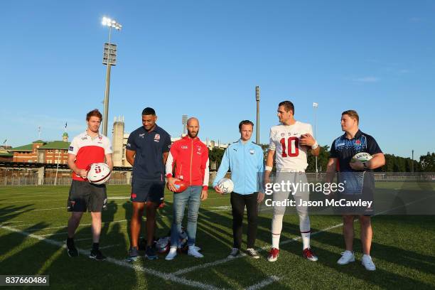 Gary Rohan of the Sydney Swans, Daniel Tupou of the Roosters, Jarrad McVeigh of the Sydney Swans, Rhyan Grant of Sydney FC, Kaeller Chryst of...