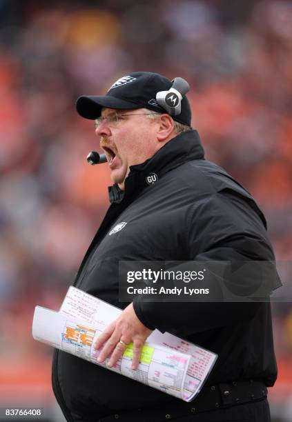 Head Coach Andy Reid of the Philadelphia Eagles reacts from the side line during the NFL game against the Cincinnati Bengals at Paul Brown Stadium on...