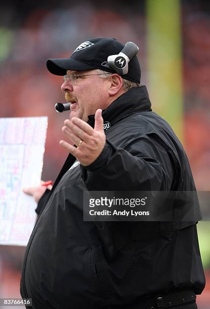 Head Coach Andy Reid of the Philadelphia Eagles reacts from the side line during the NFL game against the Cincinnati Bengals at Paul Brown Stadium on...