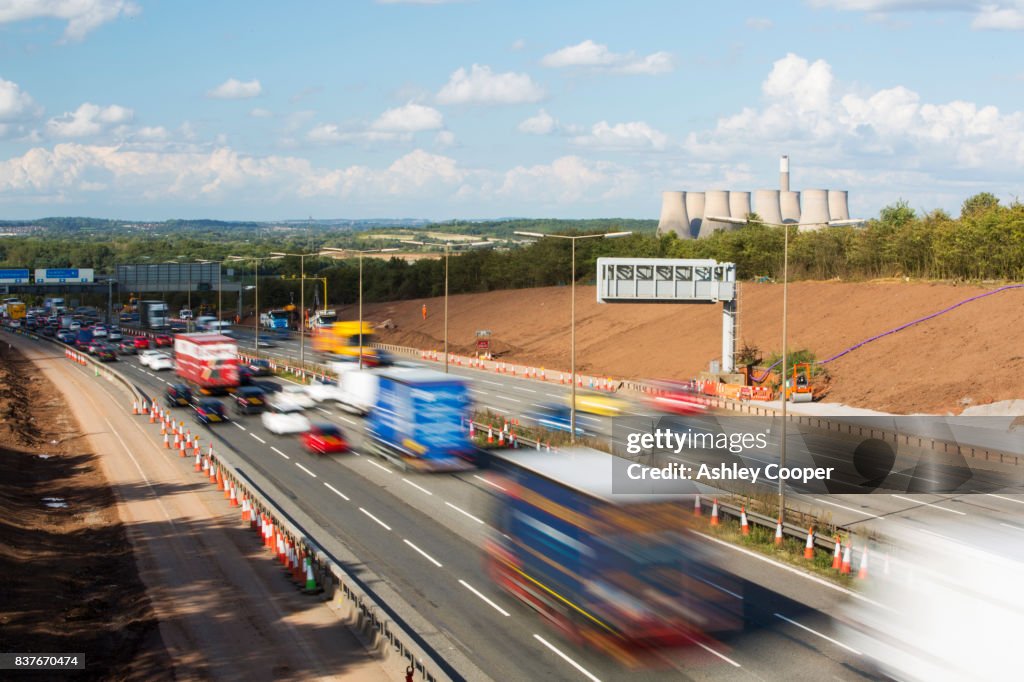 Tailbacks on the M1 motorway in the East Midlands caused by roadworks, UK.