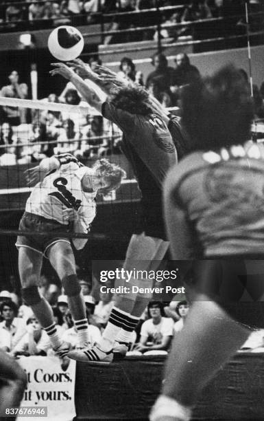 Breaker walls stops comet spike San Diego's Bob Stafford blocks a spike by Denver's Larry Benecke at the net Saturday night. The Comets went on to...