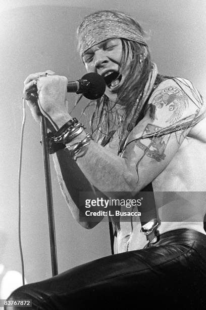 American musician Axl Rose, of the group Guns 'n' Roses, performs in concert at the Ritz, New York, New York, February 2, 1988.