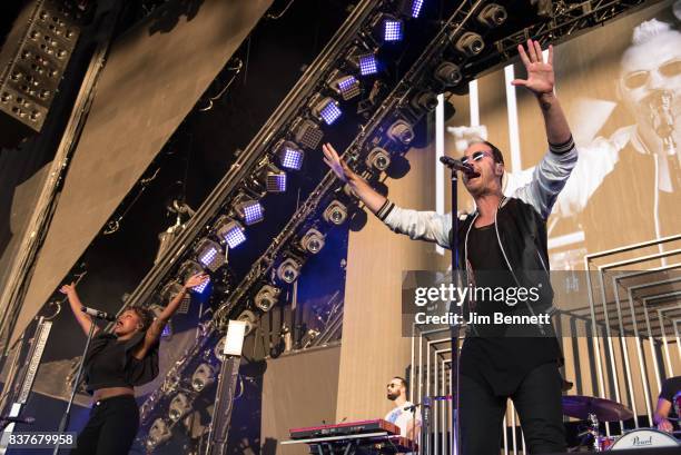 Co-lead vocalist Noelle Scaggs, keyboard player Jeremy Ruzumna and lead vocalist Michael Fitzpatrick of Fitz and The Tantrums perform live on stage...