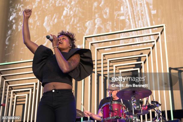 Co-lead vocalist and percussionist Noelle Scaggs and drummer and percussionist John Wicks of Fitz and The Tantrums perform live on stage at White...