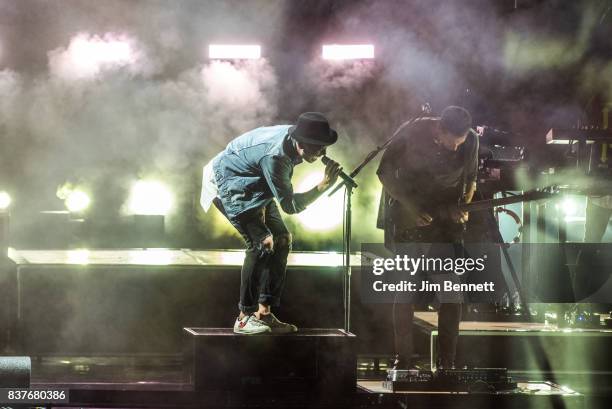 Lead vocalist Ryan Tedder and drummer Eddie Fisher of OneRepublic perform live on stage at White River Amphitheatre on August 22, 2017 in Auburn,...