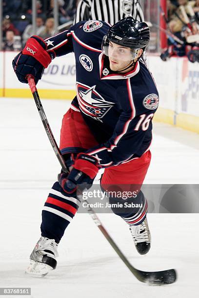 Forward Derick Brassard of the Columbus Blue Jackets takes a shot on goal against the Edmonton Oilers on November 18, 2008 at Nationwide Arena in...