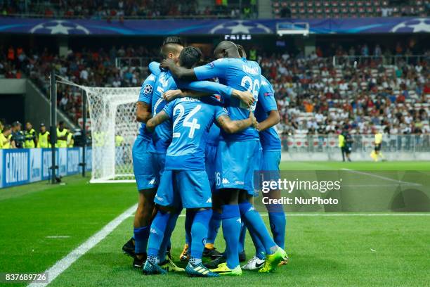 Napoli players celebrating after the goal of 0-2 during the UEFA Champions League play-off football match between Nice and Napoli at the Allianz...