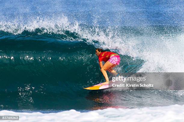 Carissa Moore of the USA competes in the Vans Triple Crown Of Surfing event, the Reef Hawaiian Pro on at Ali'i Beach Park on November 20, 2008 in...