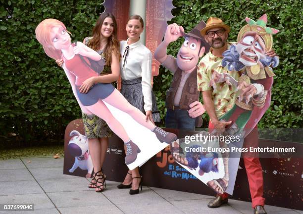 Adriana Ugarte, Michelle Jenner and Jose Corbacho during 'Tadeo Jones 2. El Secreto Del Rey Midas' Madrid photocall on August 22, 2017 in Madrid,...