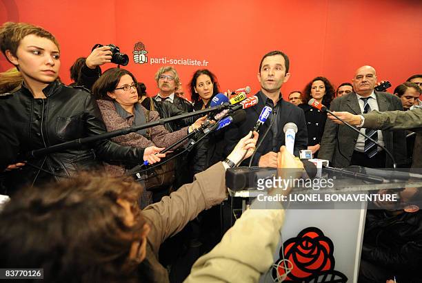 Euro-MP Benoit Hamon delivers a speech at the Socialist headquarters after the results of the first round vote for a new leader on November 21, 2008...